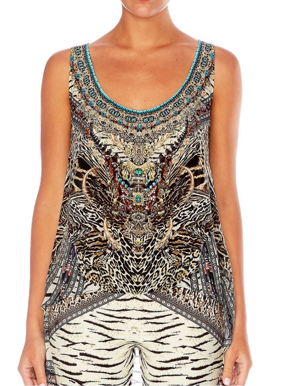 Camilla Embellished Scoop Neck Silk High Low Tank